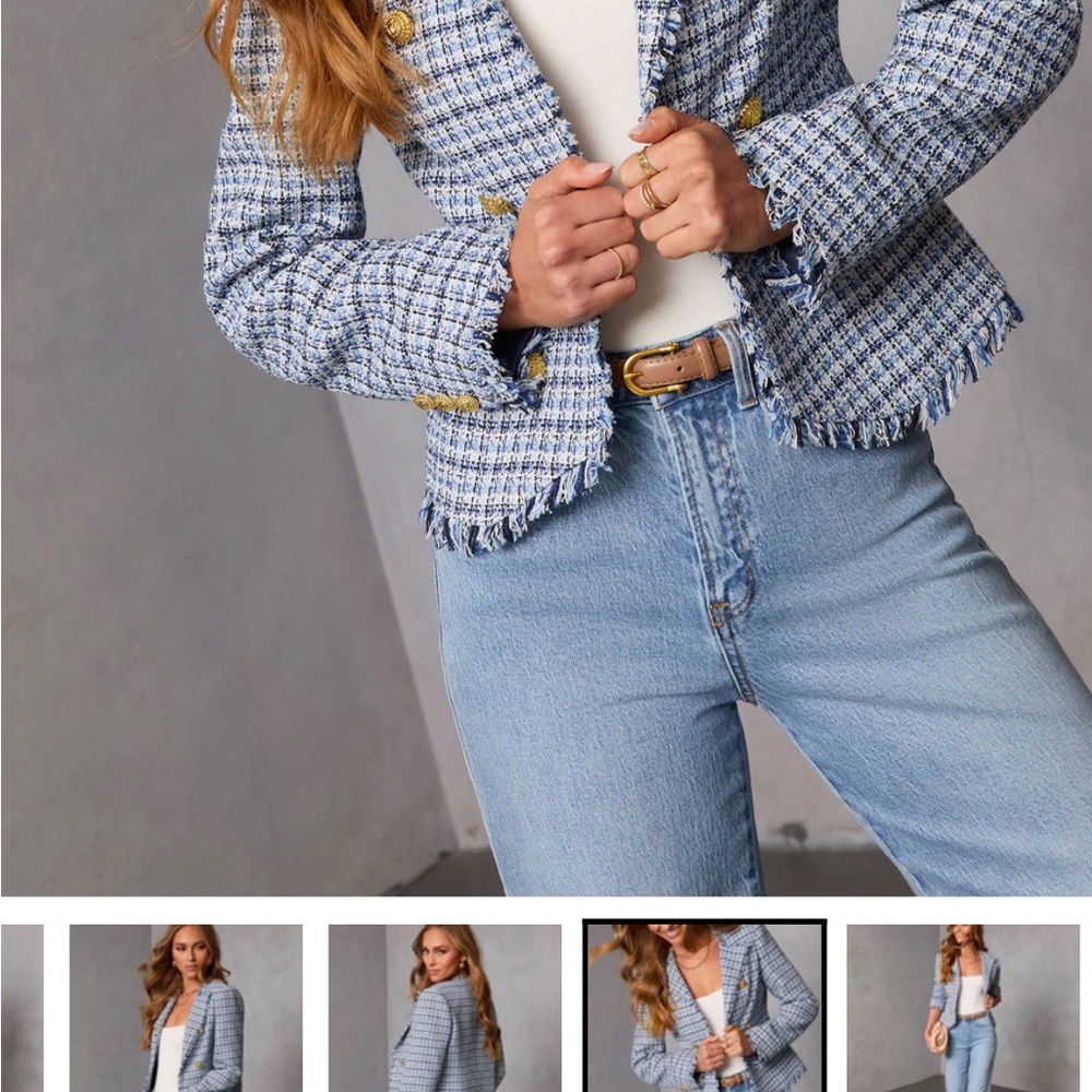 Cropped Frayed Tweed Blazer in Light Blue & White